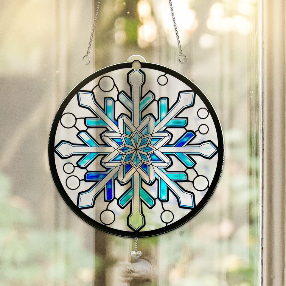 Frosted Snowflake Circle Acrylic Suncatcher with heart crystal