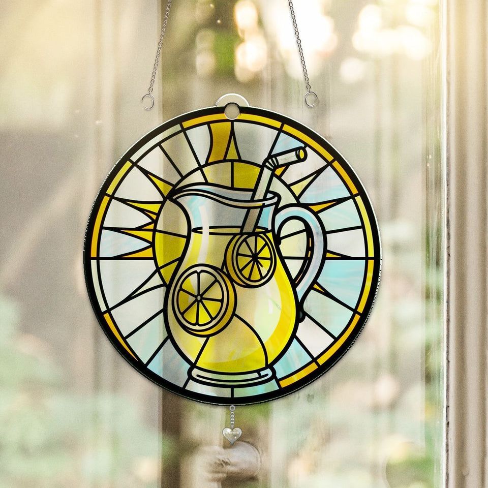 Lemonade Pitcher Summer Circle Acrylic Suncatcher with heart crystal