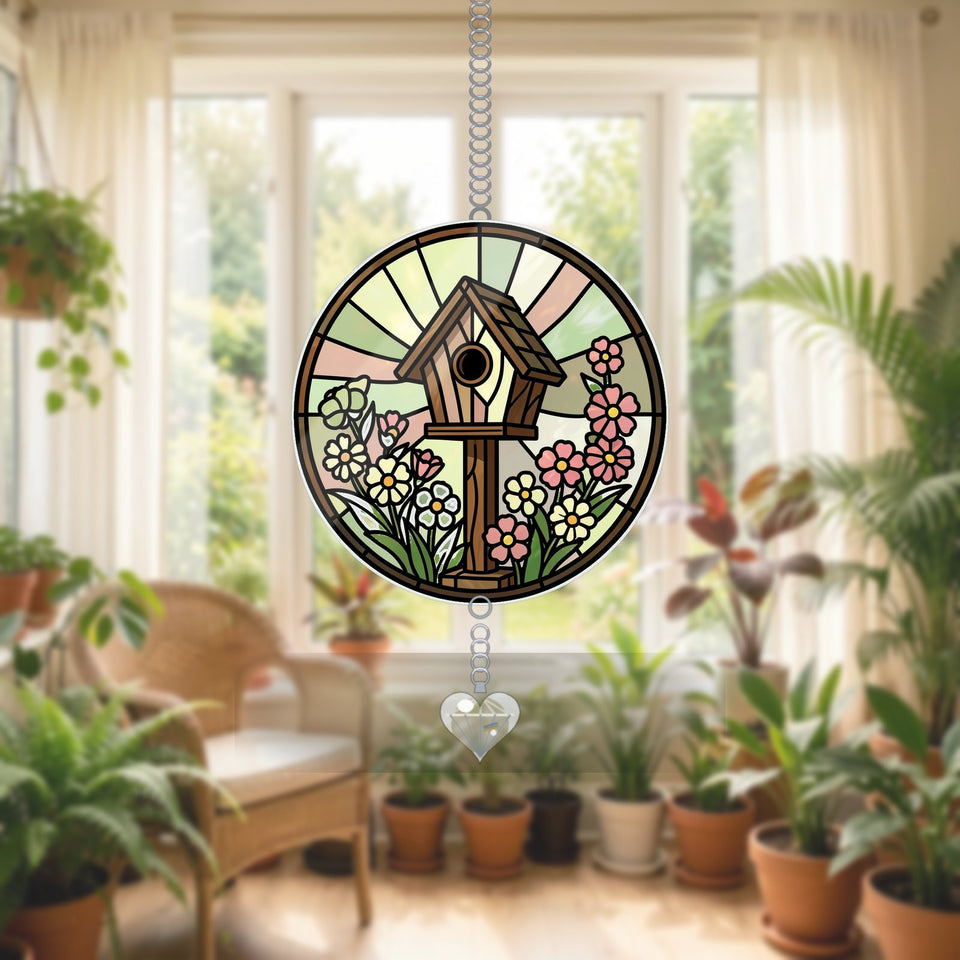 Birdhouse Wildflower Circle Acrylic Suncatcher with heart crystal