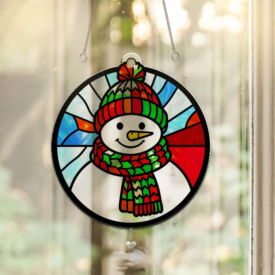 Snowman Scarf Circle Acrylic Suncatcher with heart crystal