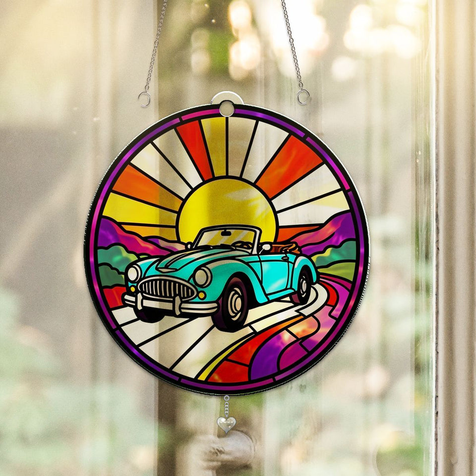 Road Trip Convertible Circle Acrylic Suncatcher with heart crystal