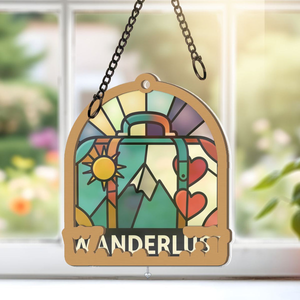 Vintage Suitcase Wanderlust Arch Window Hanging Suncatcher with heart crystal