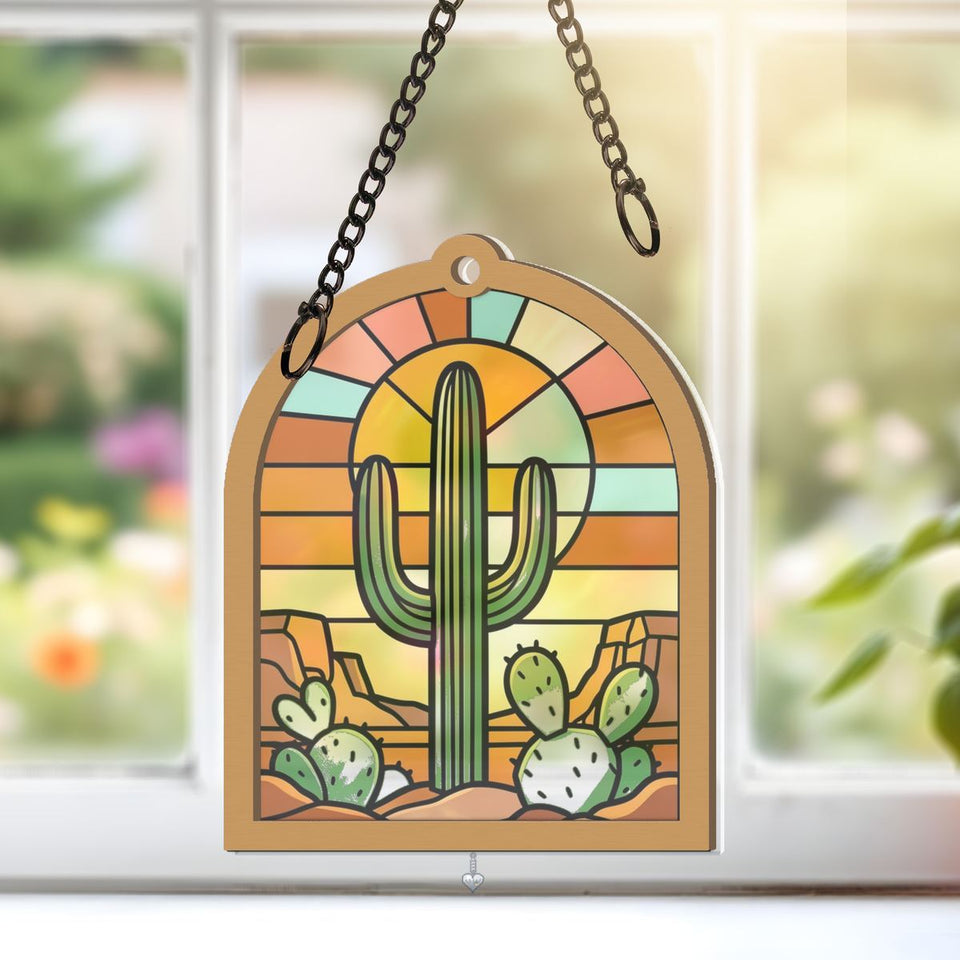 Desert Saguaro Sunset Arch Window Hanging Suncatcher with heart crystal