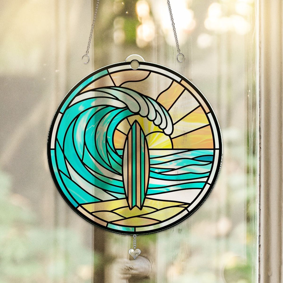 Surfboard Wave Circle Acrylic Suncatcher with heart crystal