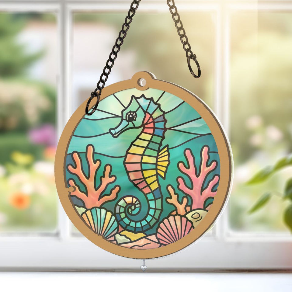 Seahorse Coral Reef Circle Window Hanging Suncatcher with heart crystal