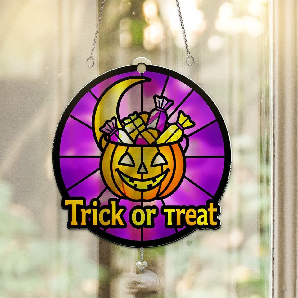 Trick Or Treat Pail Circle Acrylic Suncatcher with heart crystal