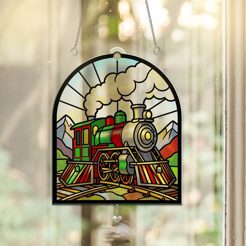 Vintage Steam Train Arch Acrylic Suncatcher with heart crystal