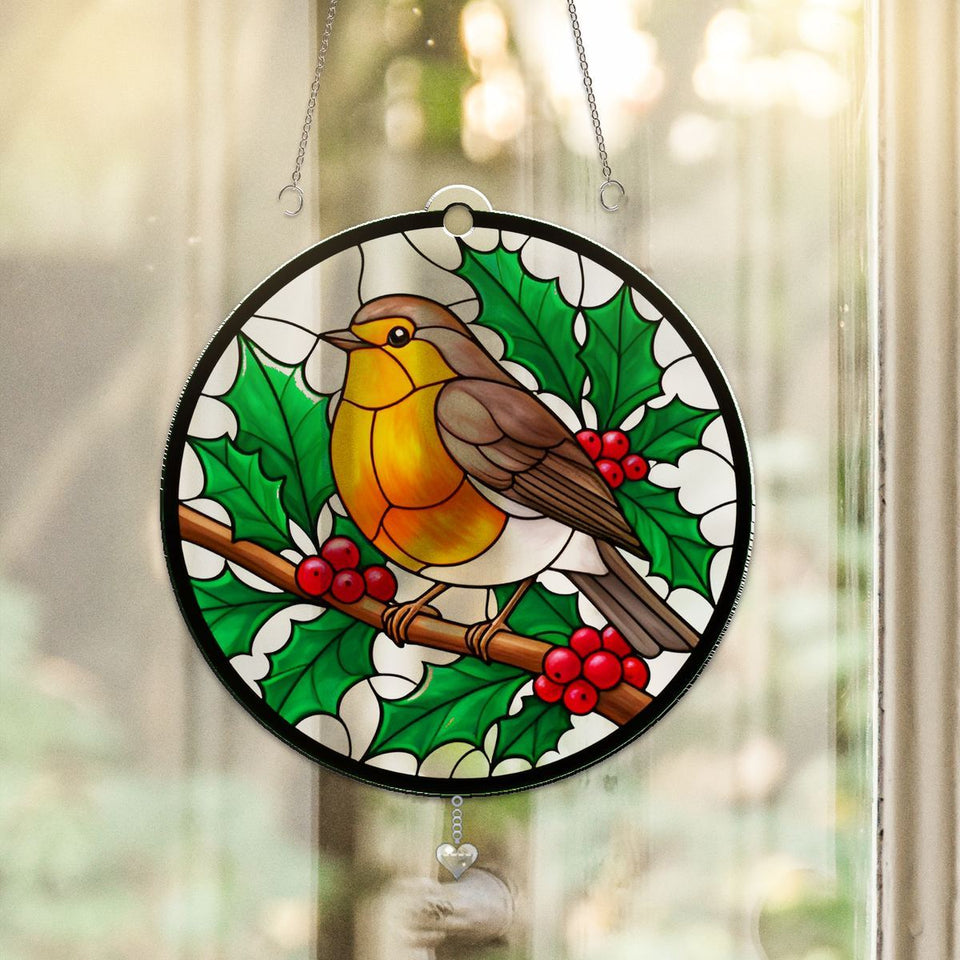 Winter Robin Berry Branch Acrylic Suncatcher with heart crystal