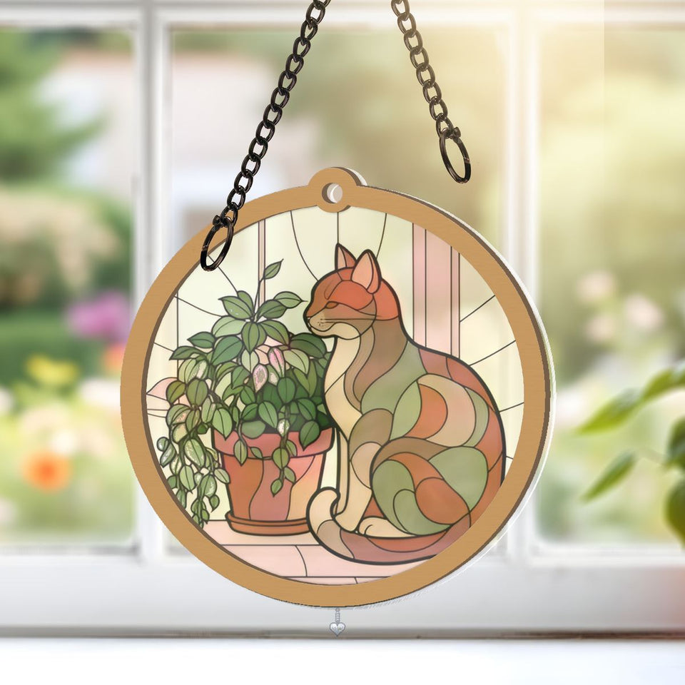 Cozy Cat Plant Window Window Hanging Suncatcher with heart crystal