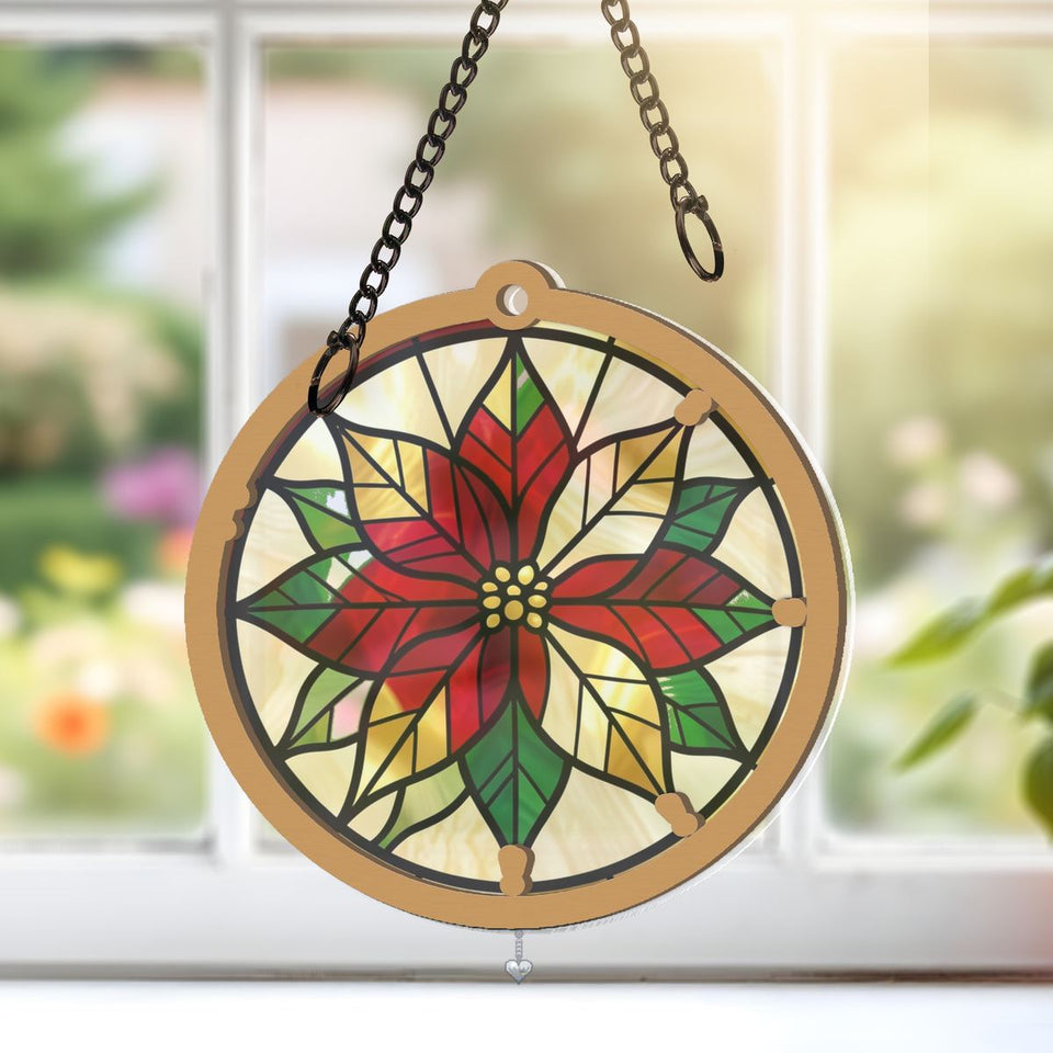 Poinsettia Wreath Circle Window Hanging Suncatcher with heart crystal