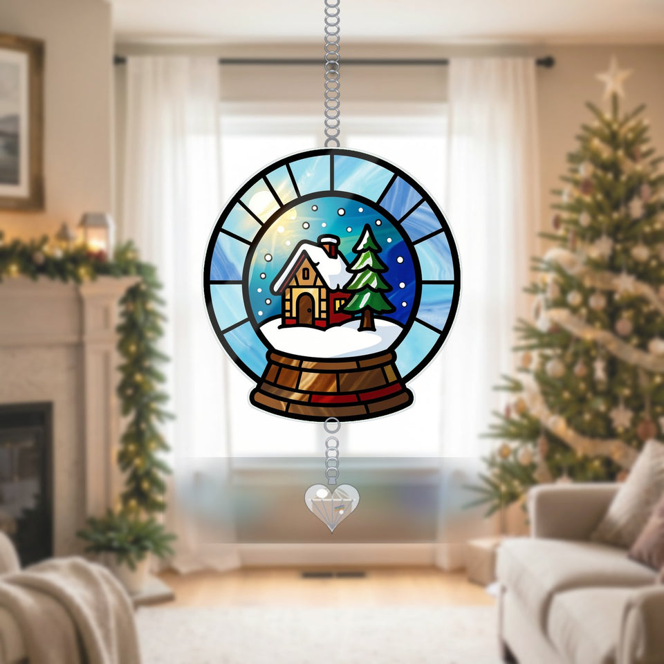 Snow Globe Cabin Circle Window Hanging Suncatcher with heart crystal