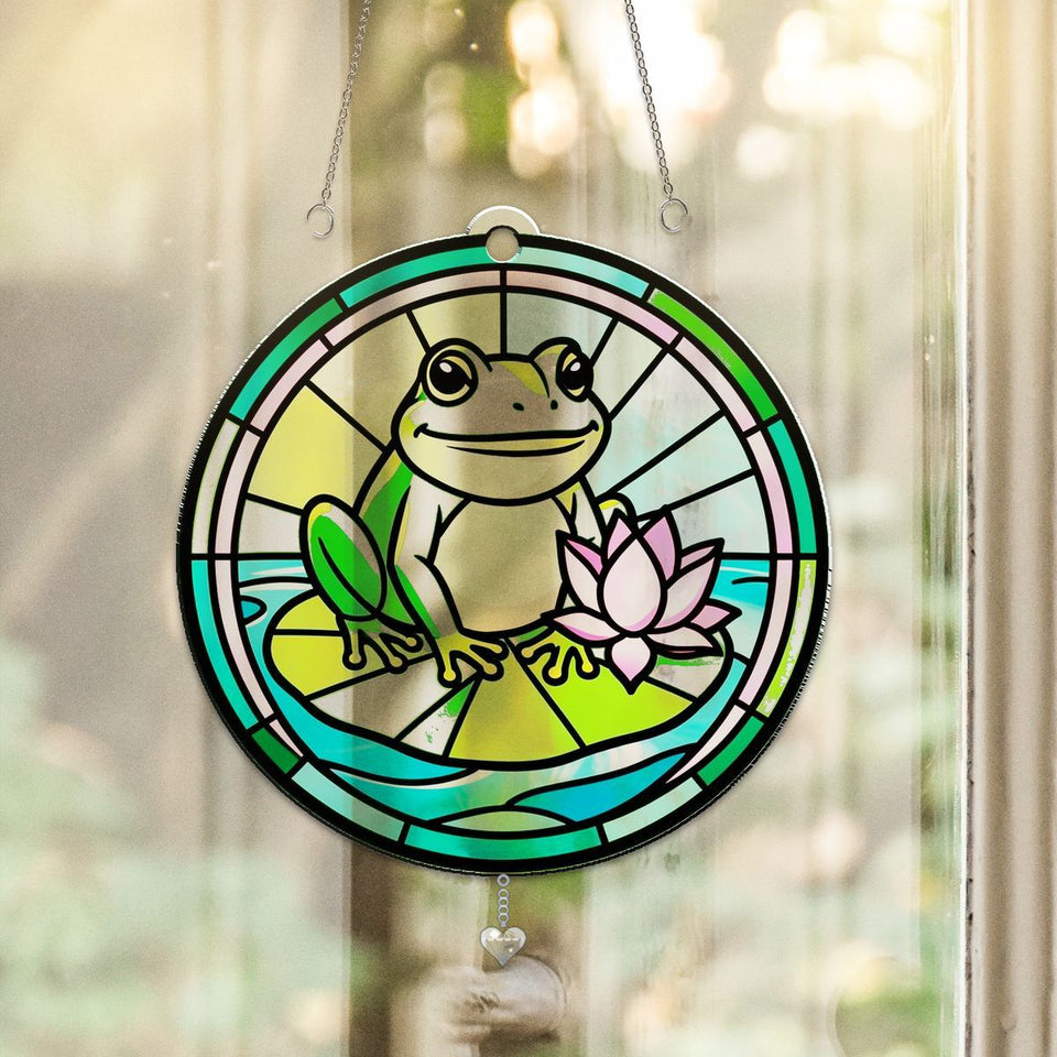 Frog Lily Pad Circle Acrylic Suncatcher with heart crystal