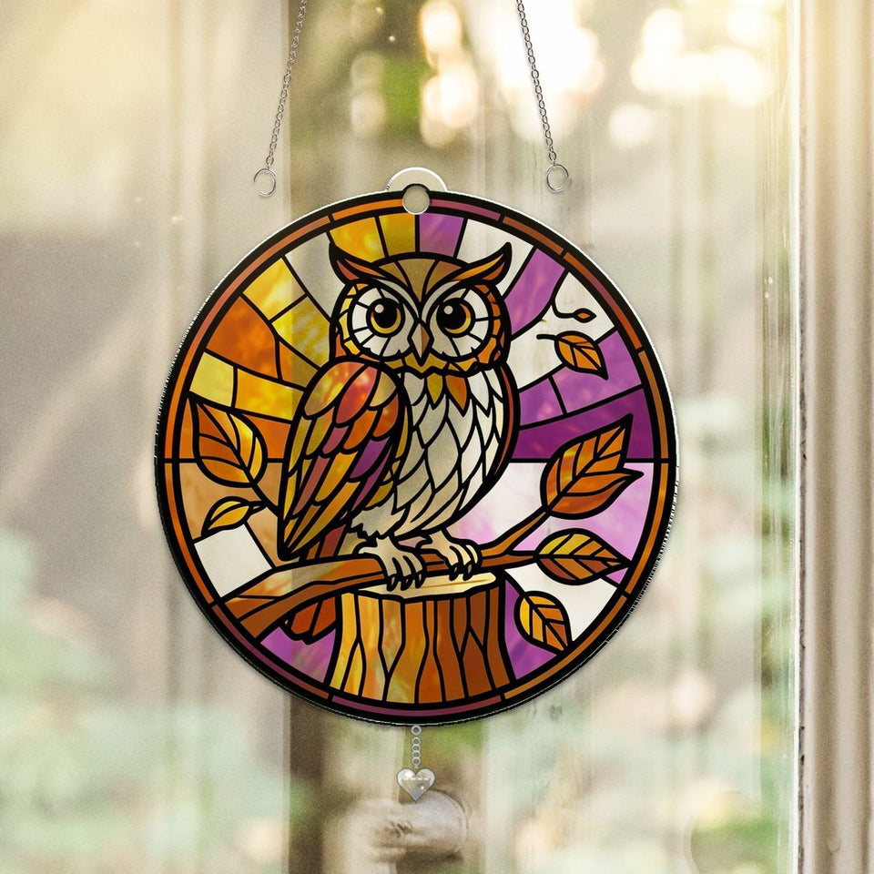Autumn Owl Circle Acrylic Suncatcher with heart crystal