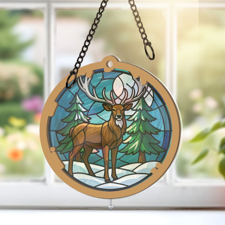 Winter Stag Evergreen Circle Window Hanging Suncatcher with heart crystal