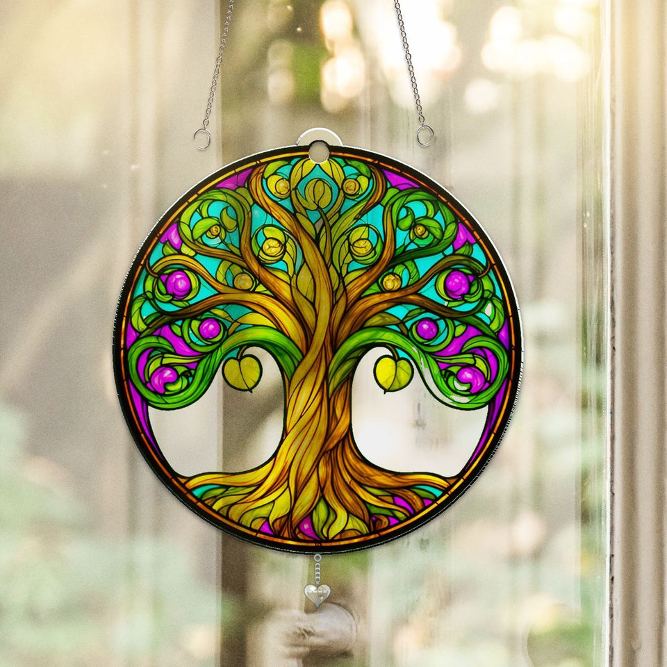 Tree of Life Memorial Circle Acrylic Suncatcher with heart crystal