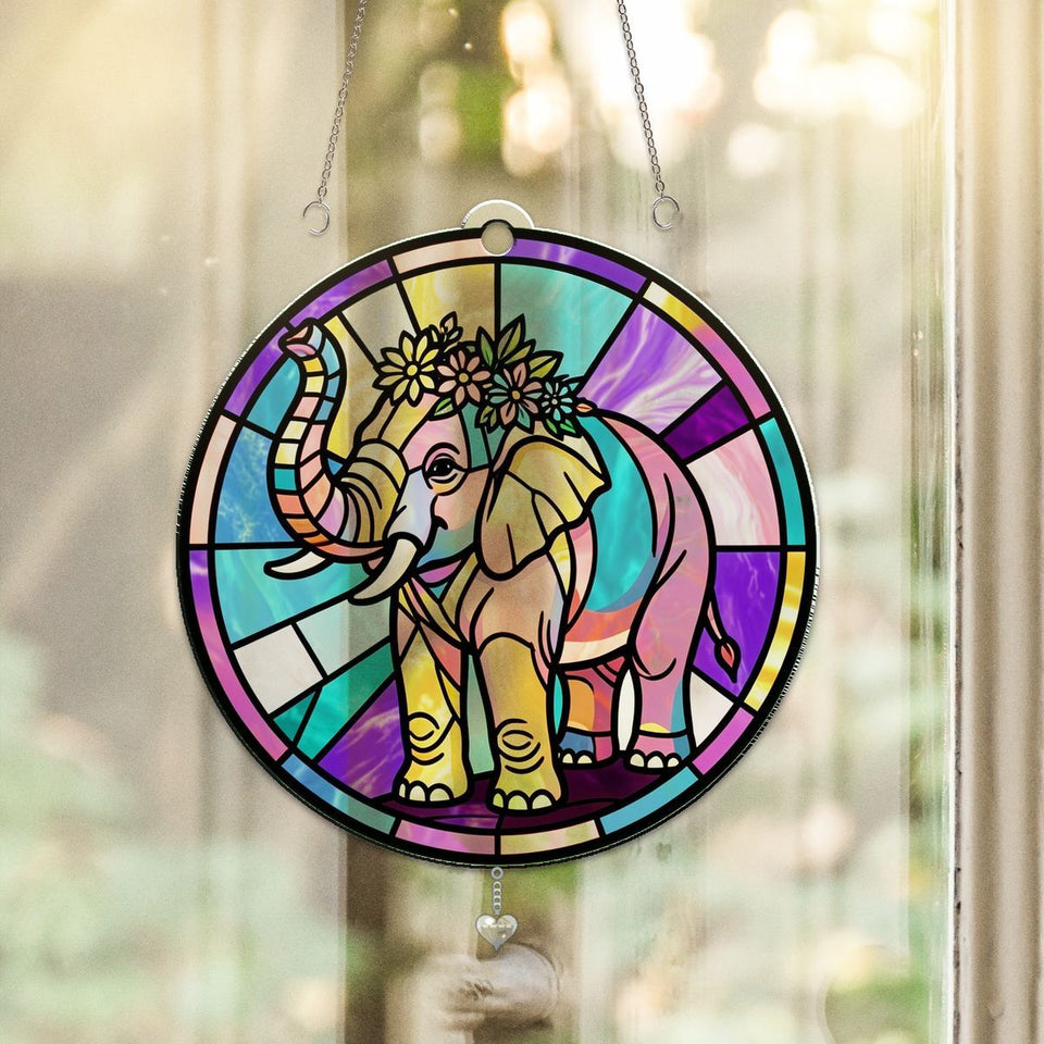 Elephant Wildflower Circle Acrylic Suncatcher with heart crystal