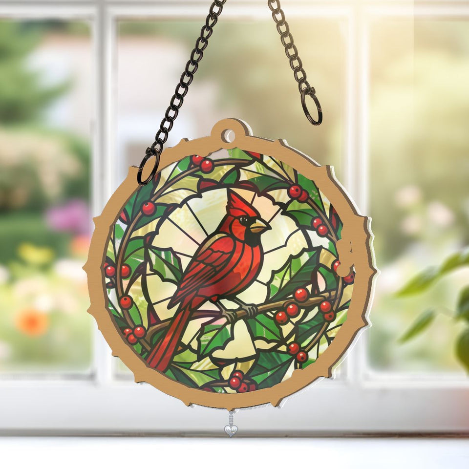 Cardinal Holly Wreath Circle Window Hanging Suncatcher with heart crystal