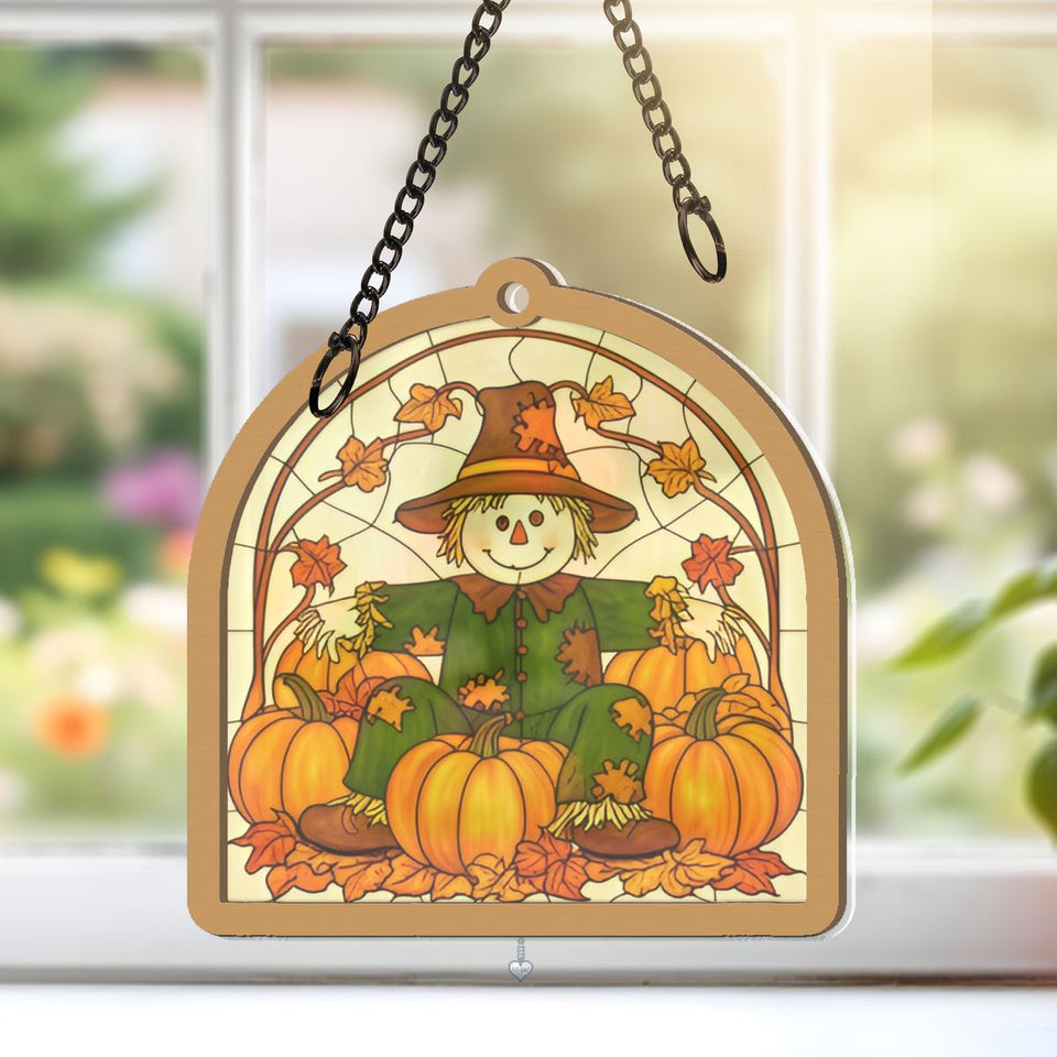 Scarecrow Pumpkin Patch Arch Window Hanging Suncatcher with heart crystal
