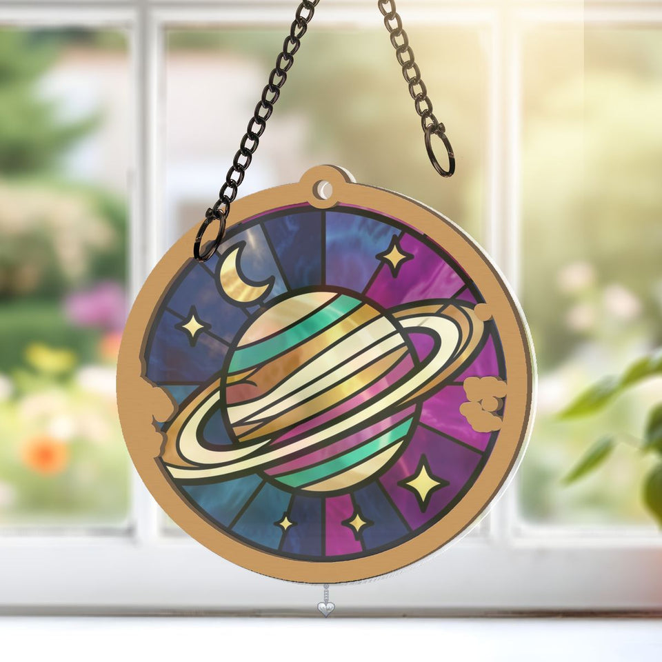 Ringed Planet Stars Circle Window Hanging Suncatcher with heart crystal