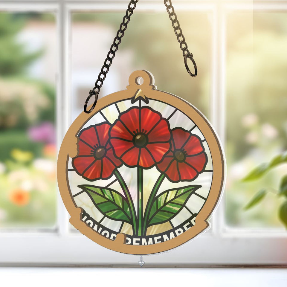 Red Poppy Veterans Circle Window Hanging Suncatcher with heart crystal