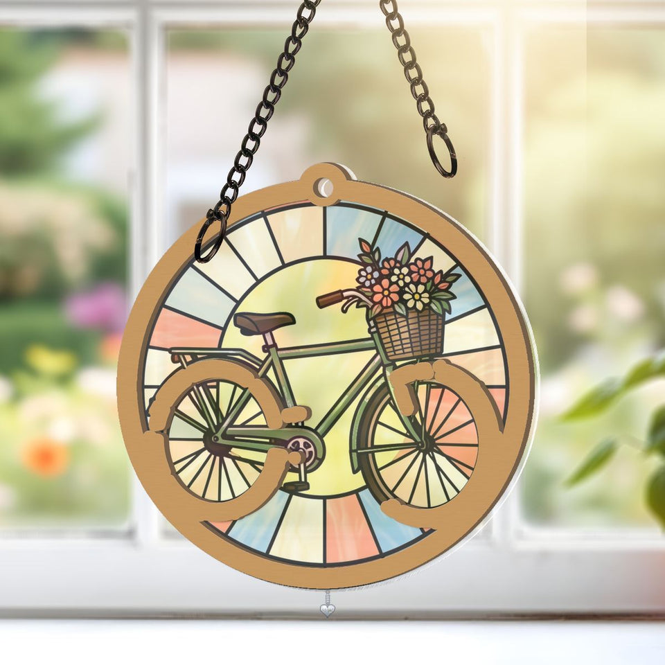 Flower Basket Bicycle Circle Window Hanging Suncatcher with heart crystal