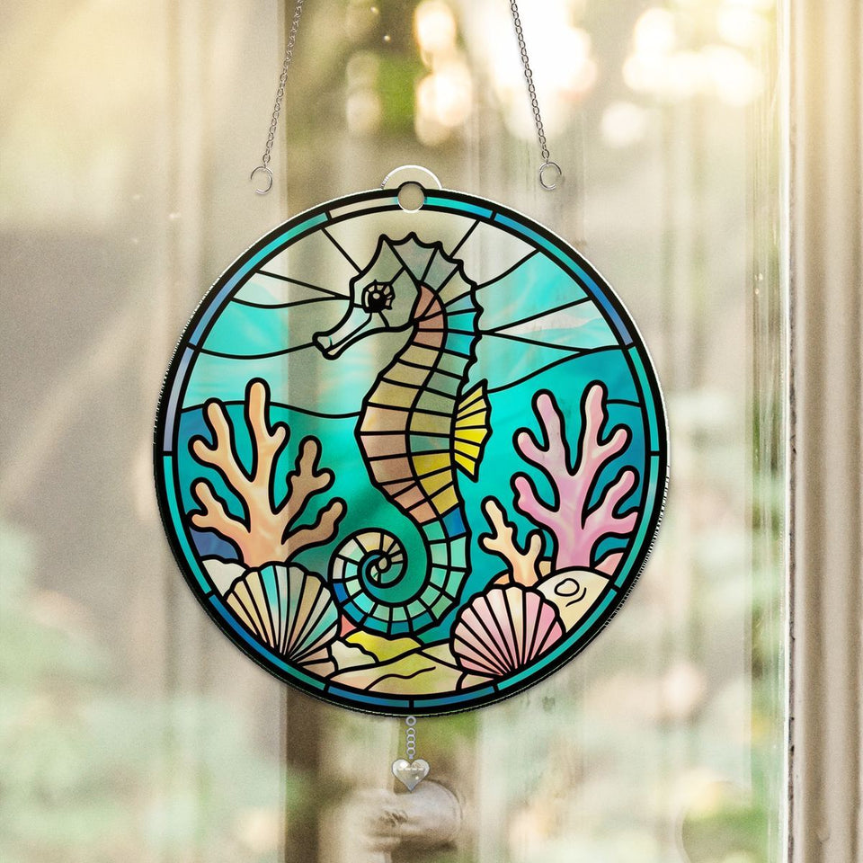 Seahorse Coral Reef Circle Acrylic Suncatcher with heart crystal