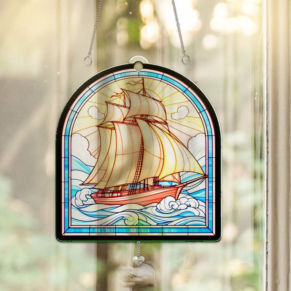Sailboat Harbor Arch Acrylic Suncatcher with heart crystal