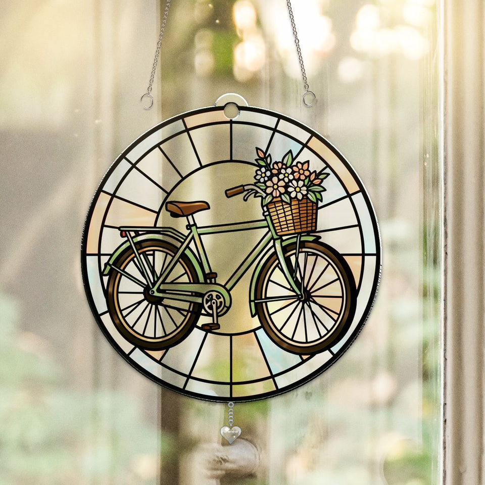 Flower Basket Bicycle Circle Acrylic Suncatcher with heart crystal