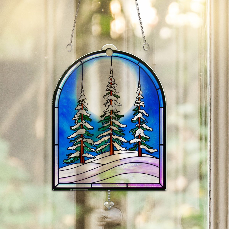 Snowy Evergreen Forest Arch Acrylic Suncatcher with heart crystal