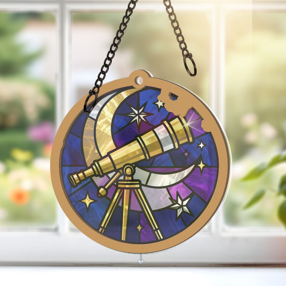 Stargazer Telescope Circle Window Hanging Suncatcher with heart crystal