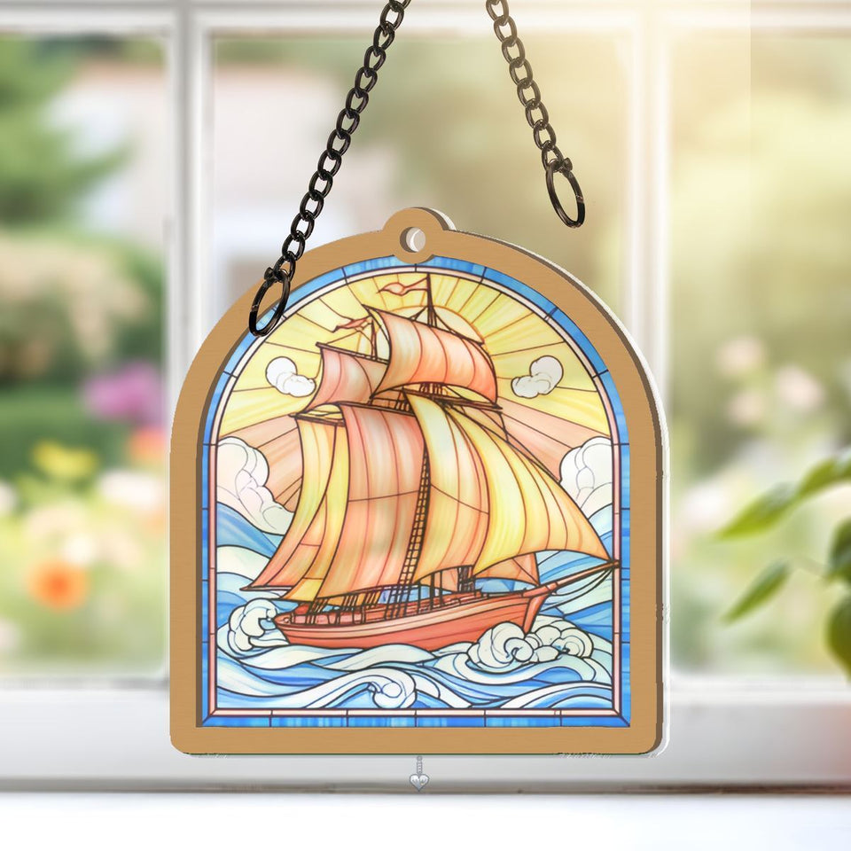 Sailboat Harbor Arch Window Hanging Suncatcher with heart crystal