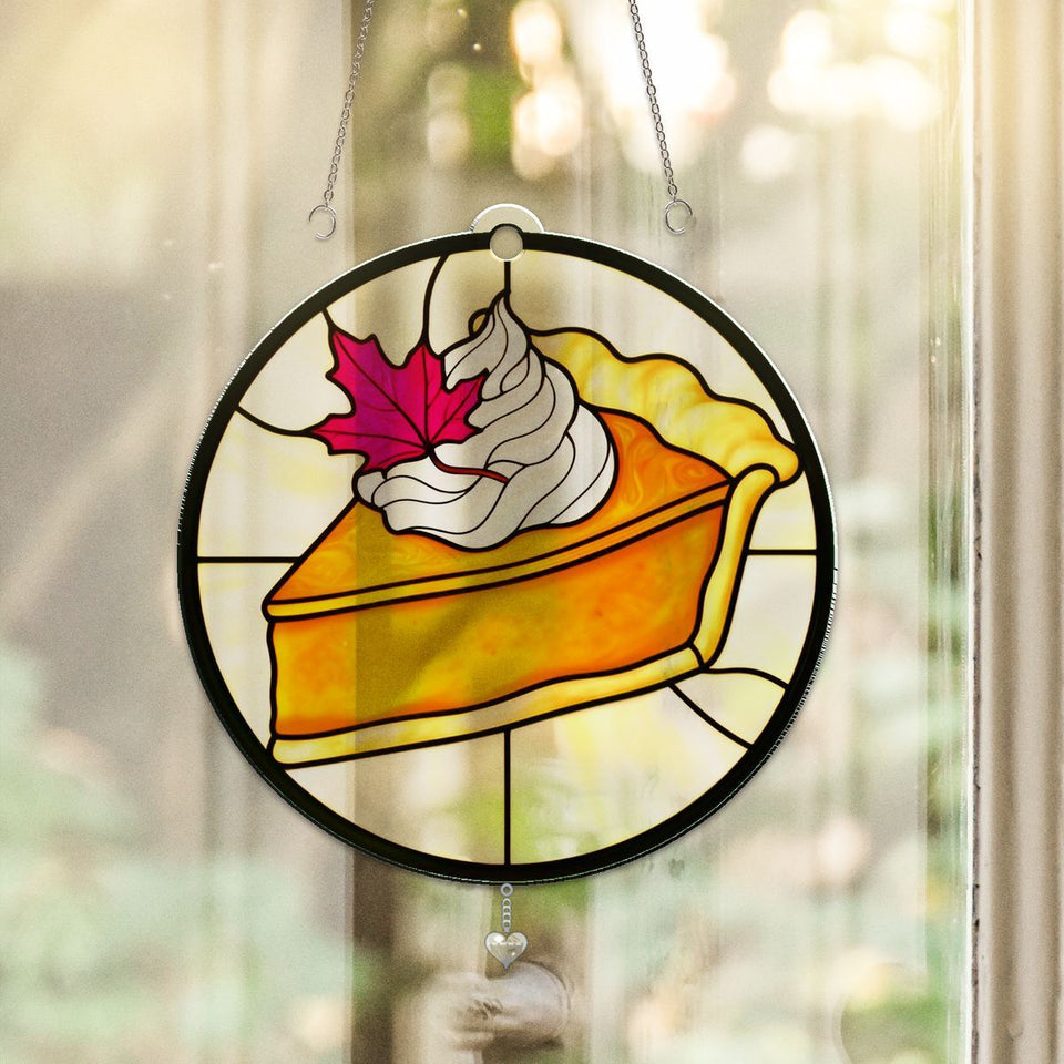 Pumpkin Pie Slice Circle Acrylic Suncatcher with heart crystal