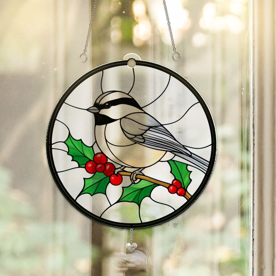 Holly Berry Chickadee Circle Acrylic Suncatcher with heart crystal