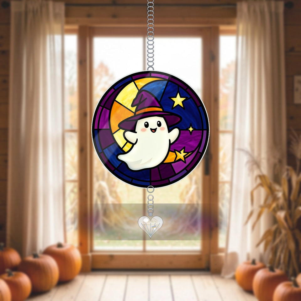 Ghost Witch Hat Moon Acrylic Suncatcher with heart crystal