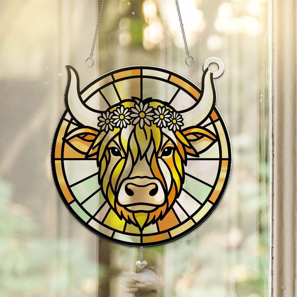 Highland Cow Wildflower Circle Acrylic Suncatcher with heart crystal