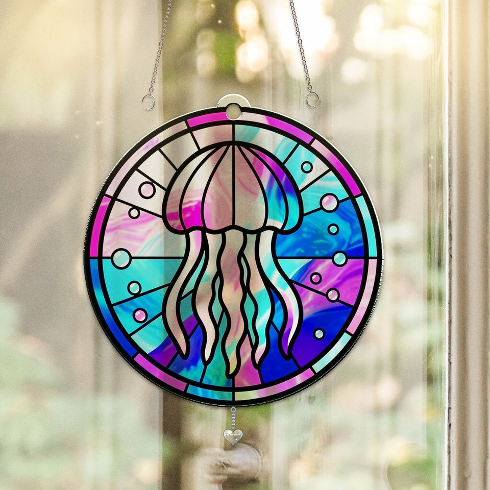 Jellyfish Glow Circle Acrylic Suncatcher with heart crystal