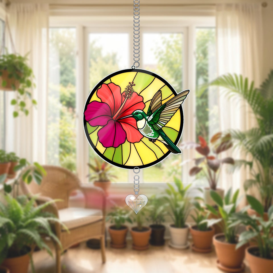 Hummingbird Hibiscus Circle Acrylic Suncatcher with heart crystal