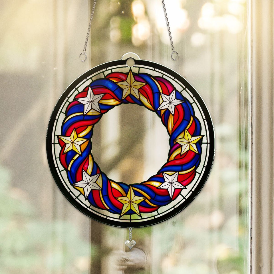 Patriotic Star Wreath Acrylic Suncatcher with heart crystal