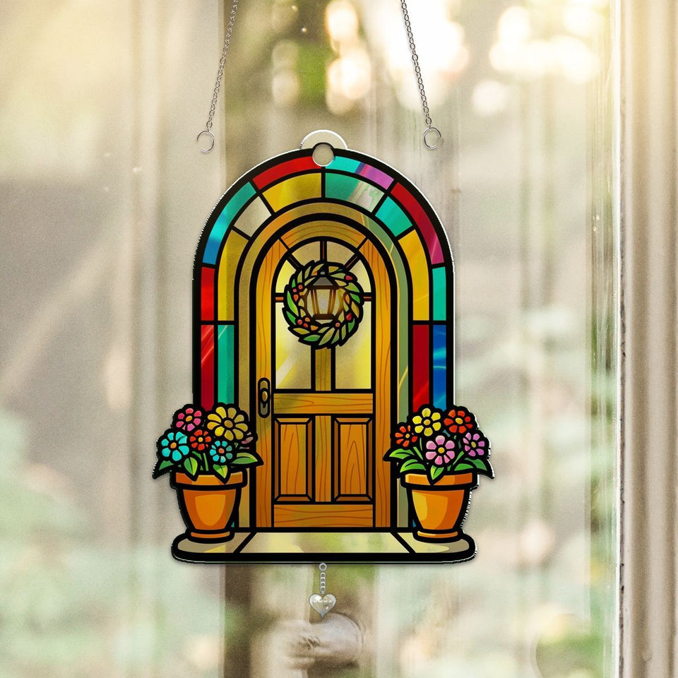Cozy Cottage Door Arch Acrylic Suncatcher with heart crystal