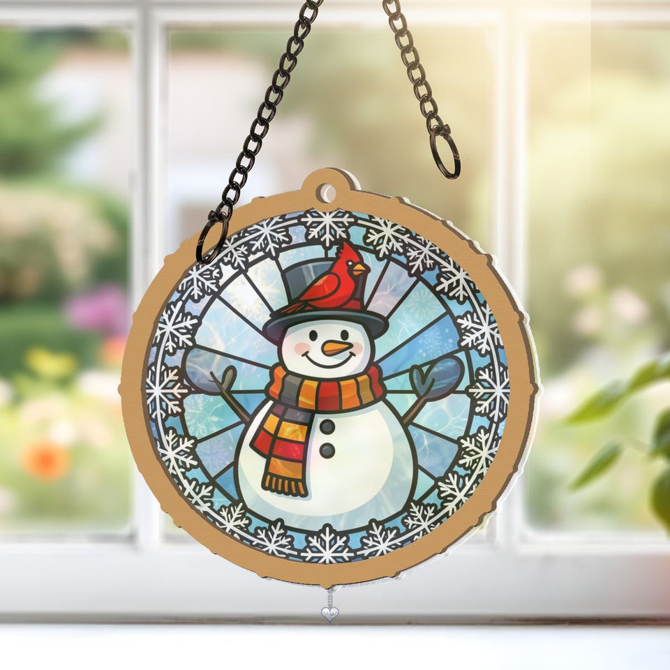 Snowman Cardinal Circle Window Hanging Suncatcher with heart crystal