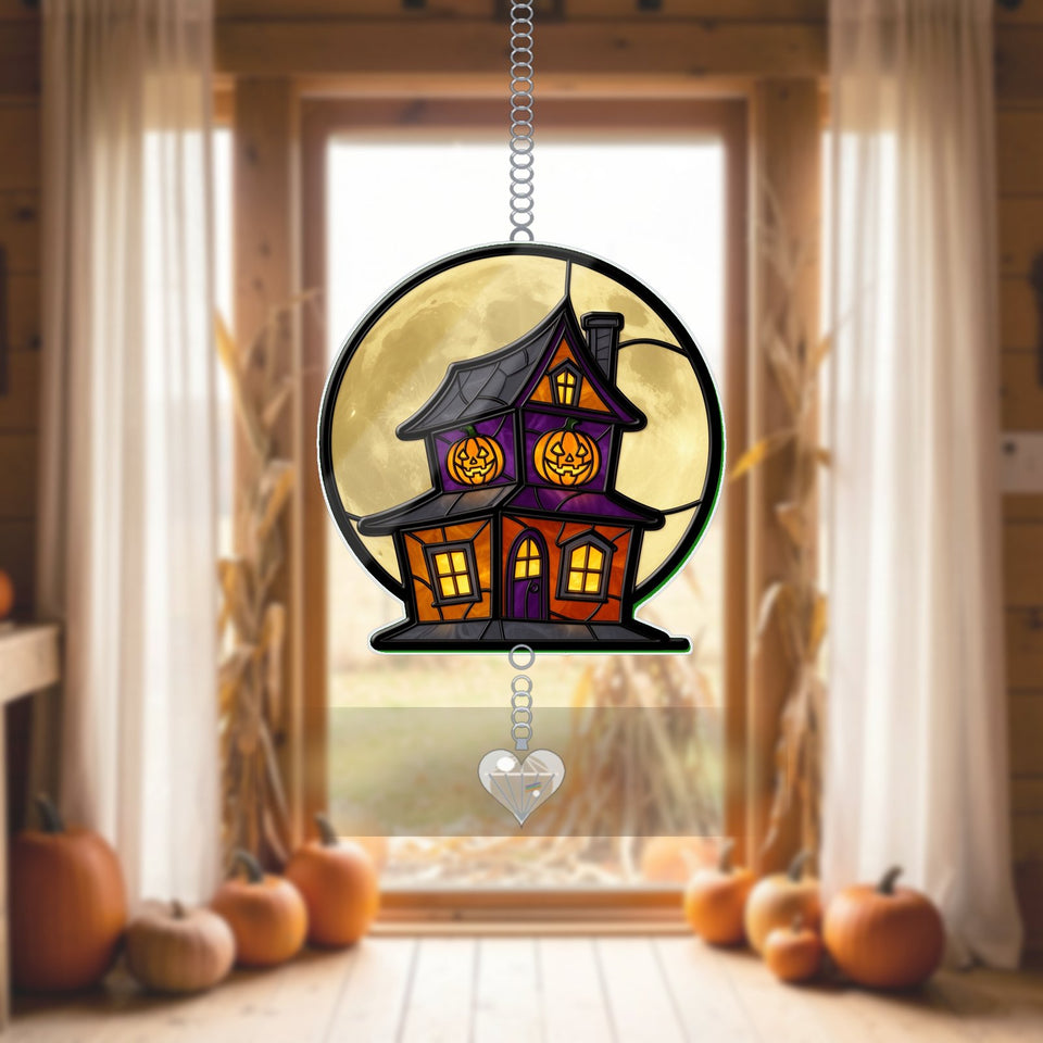 Haunted House Full Moon Acrylic Suncatcher with heart crystal