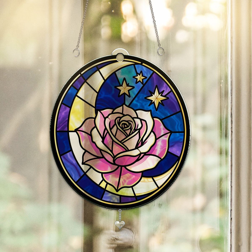 Celestial Rose Moon Circle Acrylic Suncatcher with heart crystal
