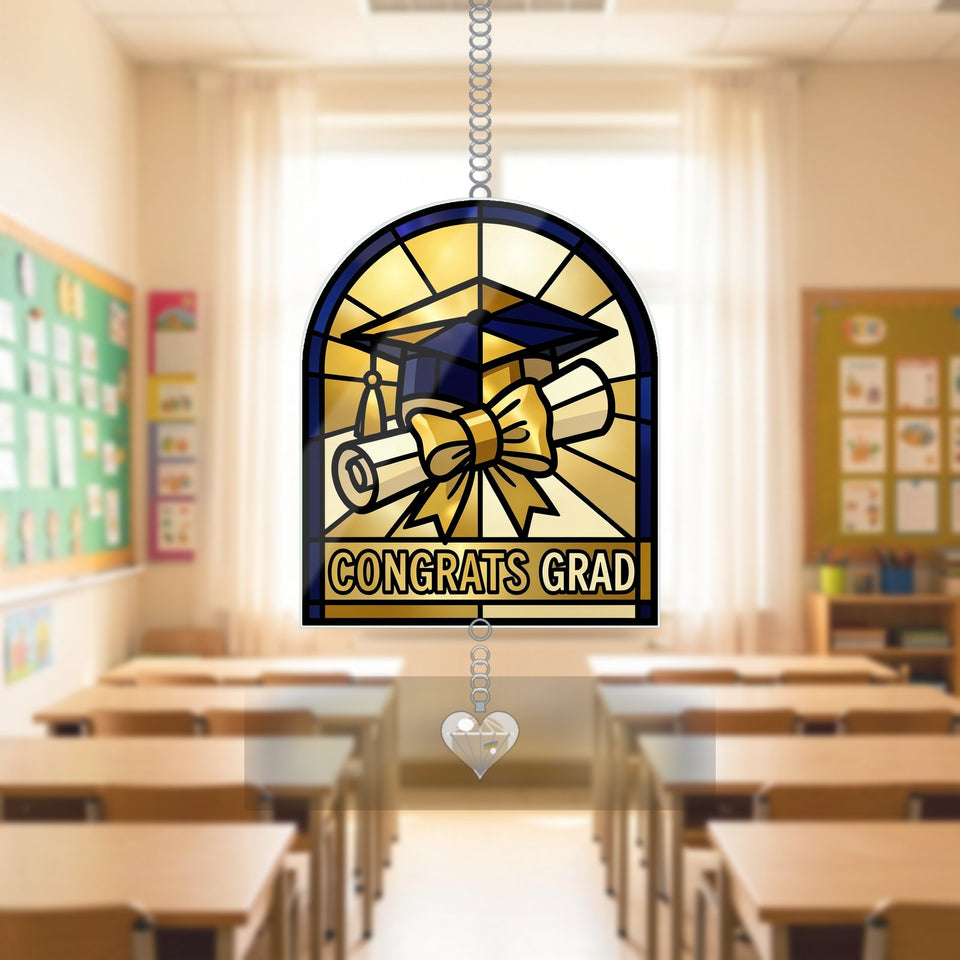 Graduation Cap Diploma Arch Window Hanging Suncatcher with heart crystal