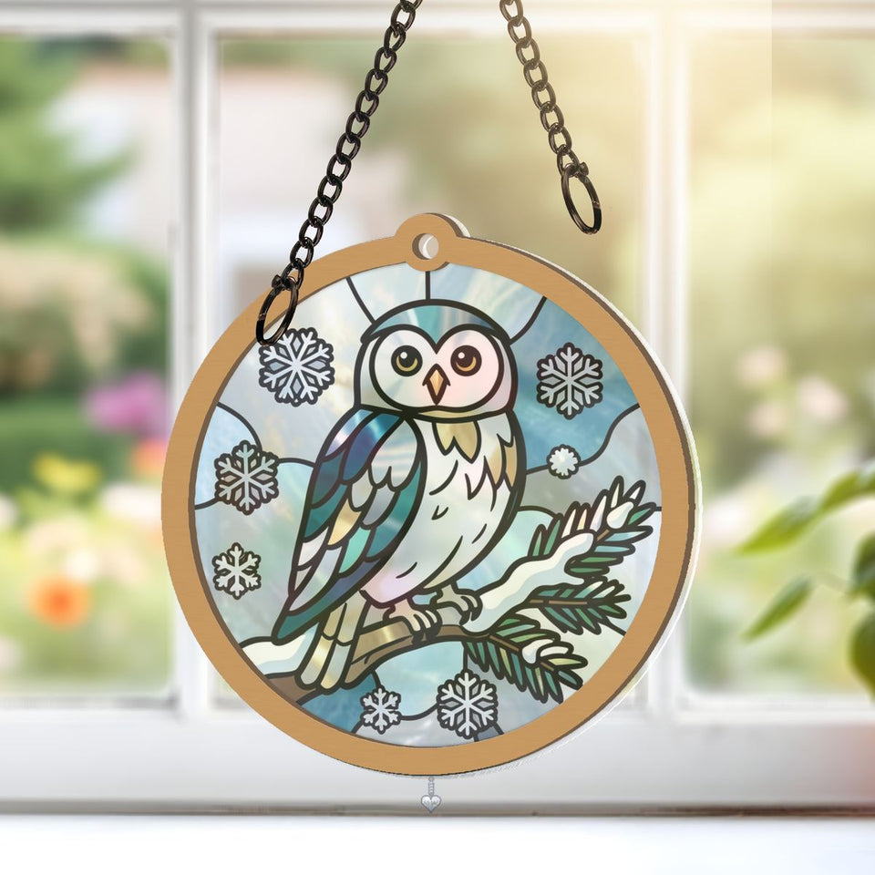 Snowy Owl Pine Circle Window Hanging Suncatcher with heart crystal