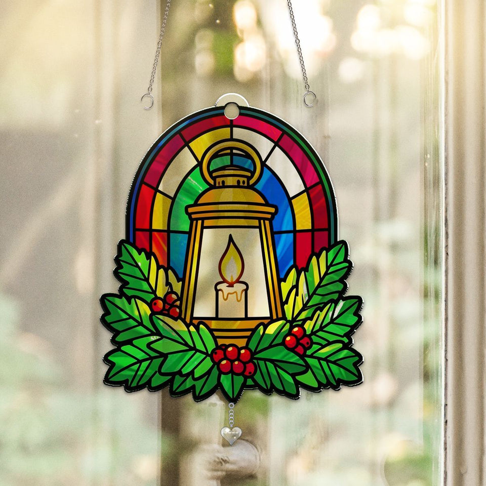 Holiday Lantern Evergreen Arch Acrylic Suncatcher with heart crystal