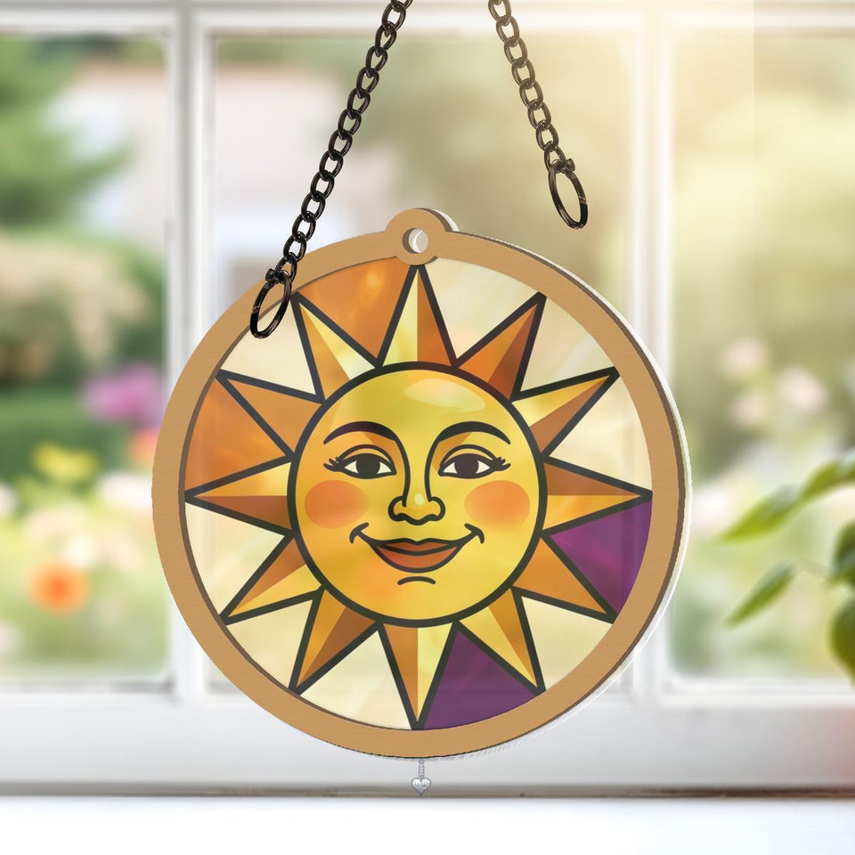 Radiant Sun Face Circle Window Hanging Suncatcher with heart crystal