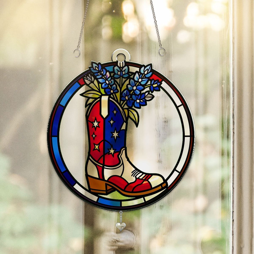 Americana Cowboy Boot Circle Acrylic Suncatcher with heart crystal