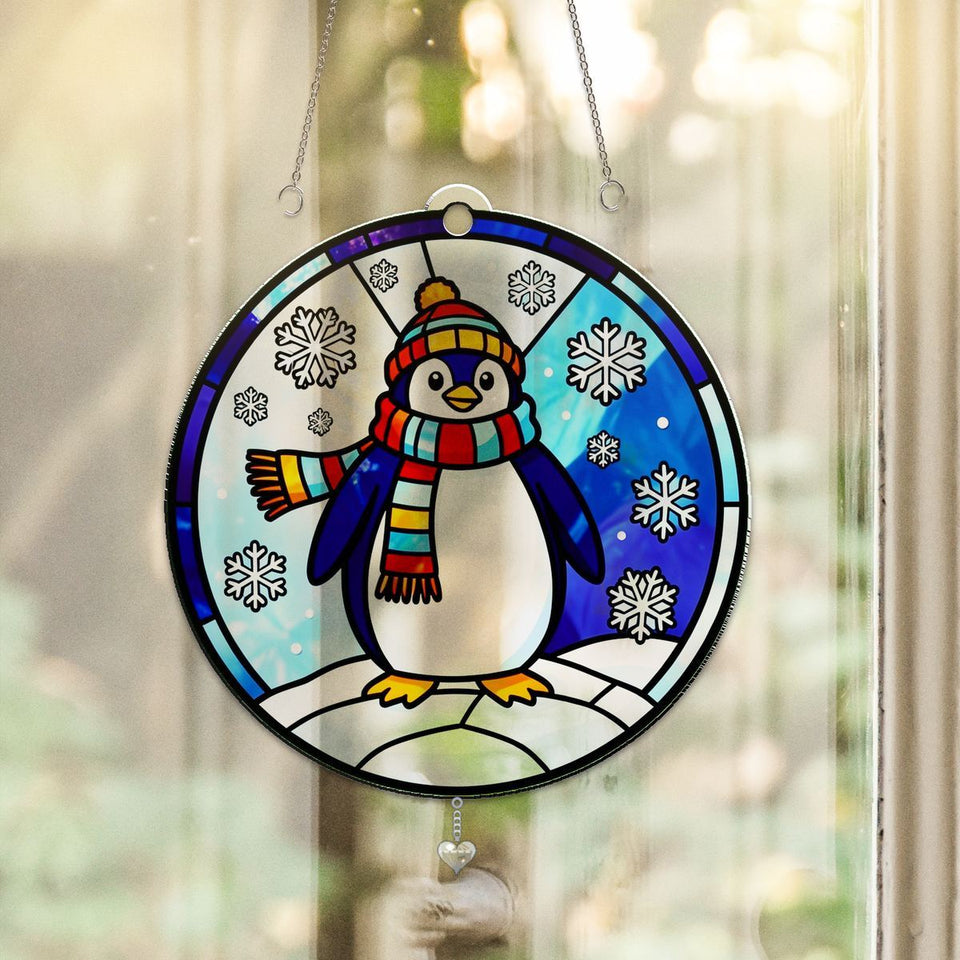 Winter Penguin Scarf Circle Acrylic Suncatcher with heart crystal