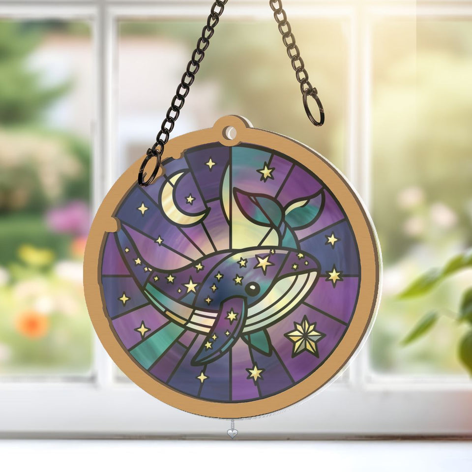 Starry Whale Night Circle Window Hanging Suncatcher with heart crystal