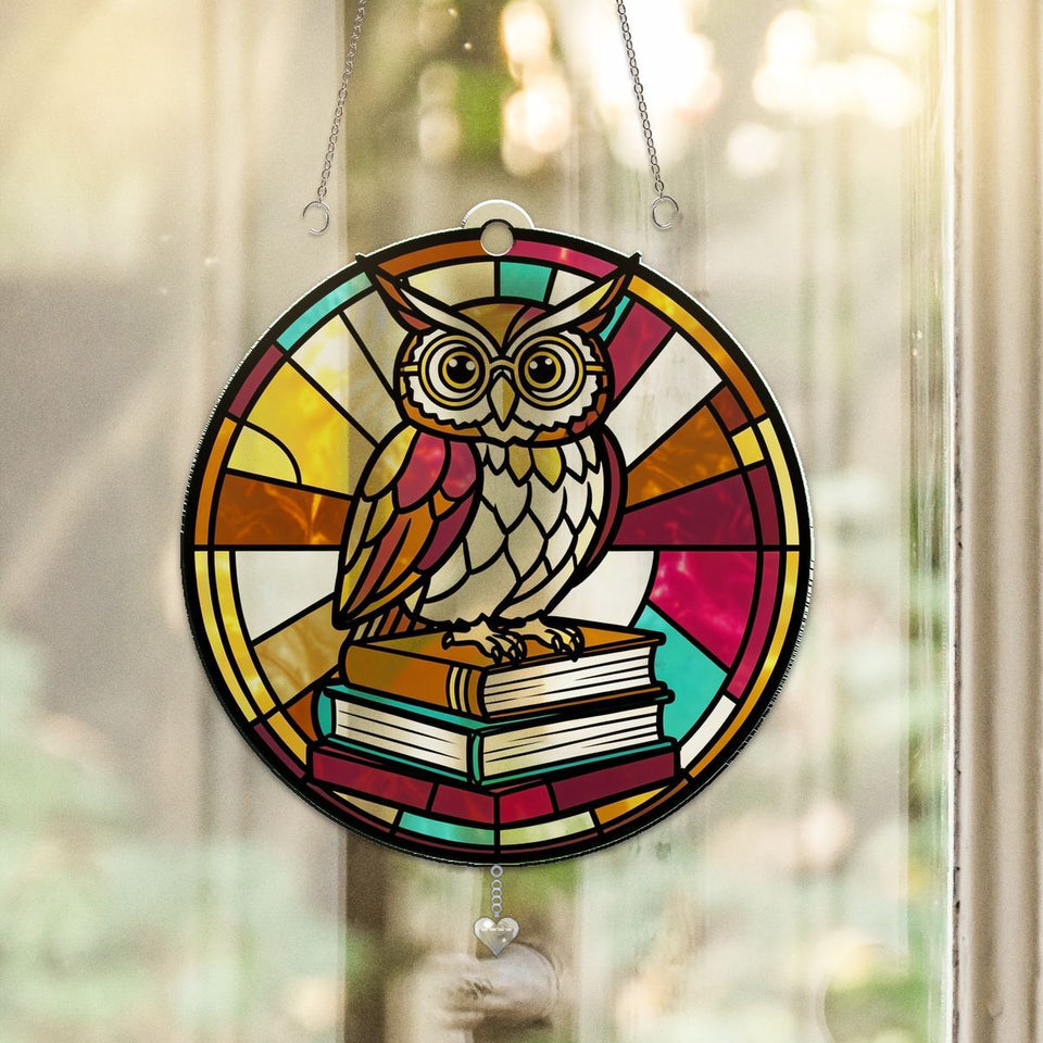 Wise Owl Books Circle Acrylic Suncatcher with heart crystal